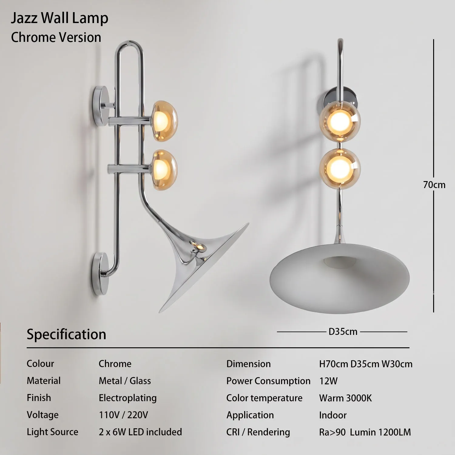 Caren Moderne Futuristische Jazz Hoorn Wandlamp Goud Gegalvaniseerde Glazen Kap Wandlamp 12W LED Elegante Binnenwandlamp Woonkamer