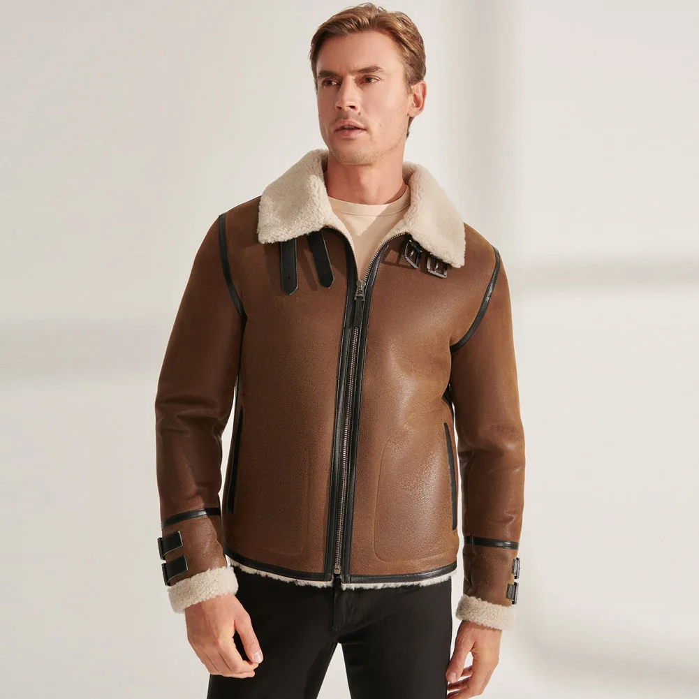 

Denny&Dora Men's Brown Sheepskin Shearling Jacket for Men Real Fur Coat Warm Casual Outerwear