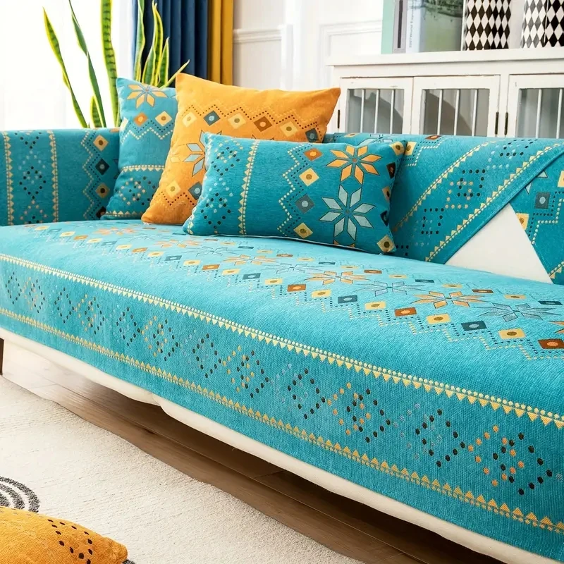 

Pet Friendly Bohemian Chenille Sofa Cover Geometric Embroidered Thick Plush Sofa Protector Cover Non Slip Couch Covers