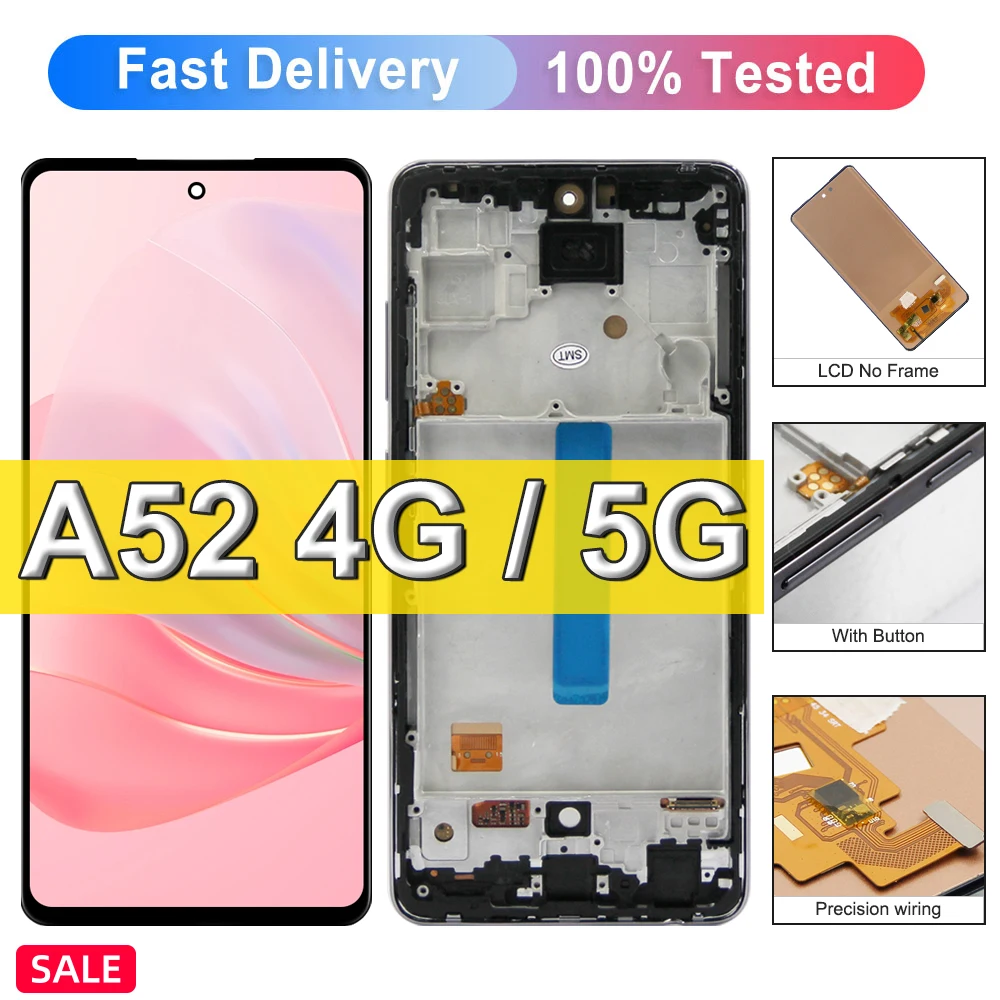 

6,5 дюймовый экран A52 для Samsung Galaxy A52 4G A525F A525F/DS, ЖК сенсорный экран + рамка A52 5G A526B A526B/DS, замена в сборе