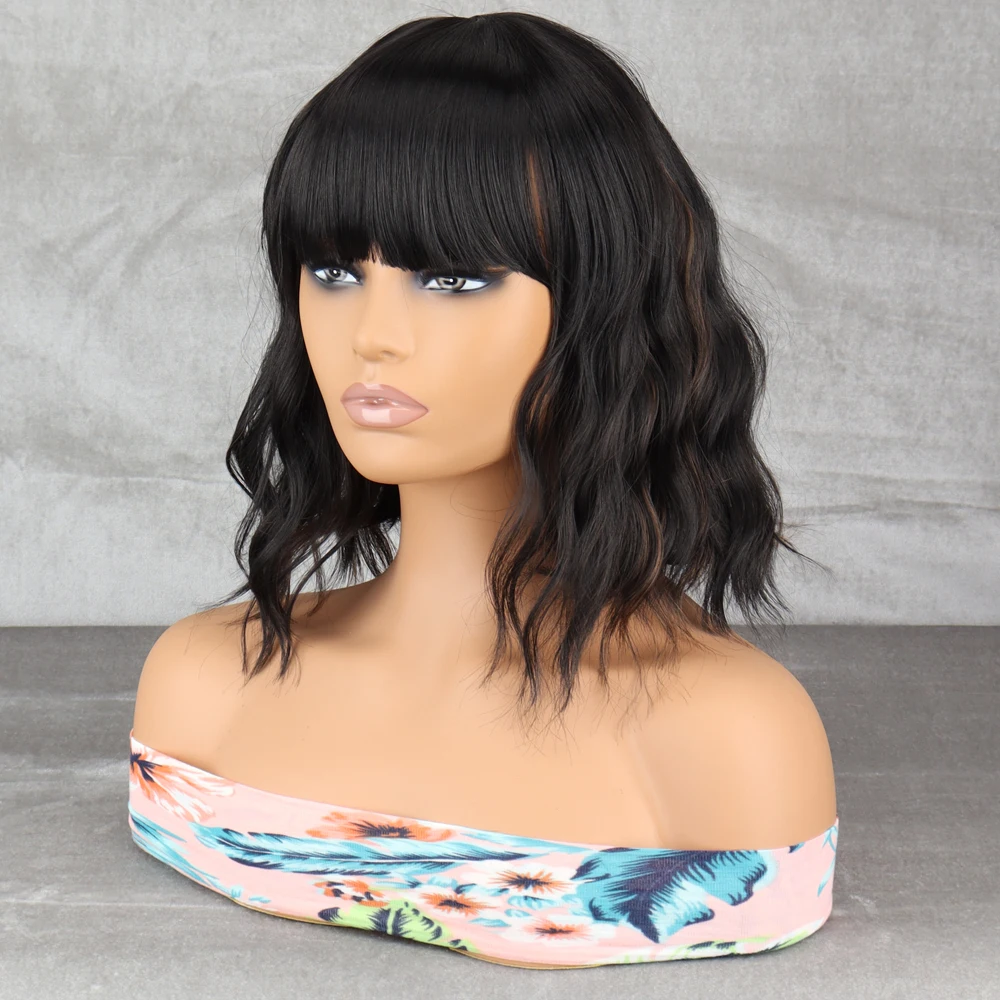 Synthetic Short Black Brown Bob Wavy Synthetic Wig For Women With Bangs Daily Natural Heat Resistan Fiber Female Cospaly Wigs