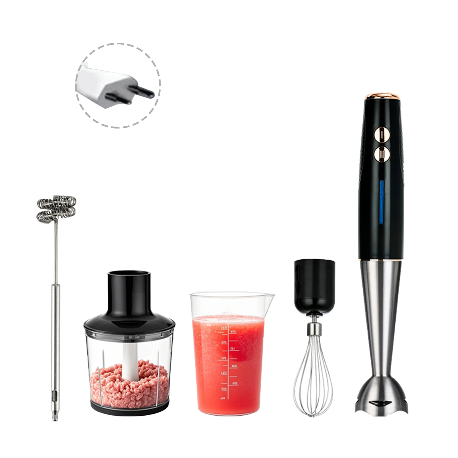 Batidora de Mano 5 en 1, Motor de 400W, Sistema de Cuatro Cuchillas de Aleación de Titanio, Cuerpo de Acero Inoxidable, Accesorio para Preparar Comida para Bebés, Batidor, 2 Velocidades