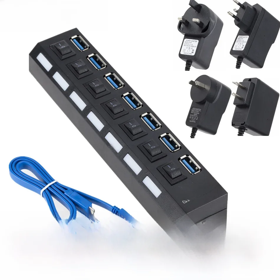 Koncentrator USB 3.0 Koncentrator USB 3.0 Multi USB Splitter 3 Hab Użyj zasilacza 7-portowego wielokrotnego ekspanderu 2.0 USB3 Hub z przełącznikiem do komputera PC — zdjęcie produktu 7