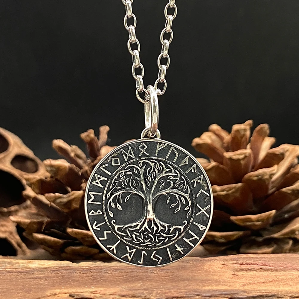 

925 Sterling Silver Viking Necklace Yggdrasil Tree of Life Pendant with Runes Unisex Norse Jewelry Pagan Amulet Gift