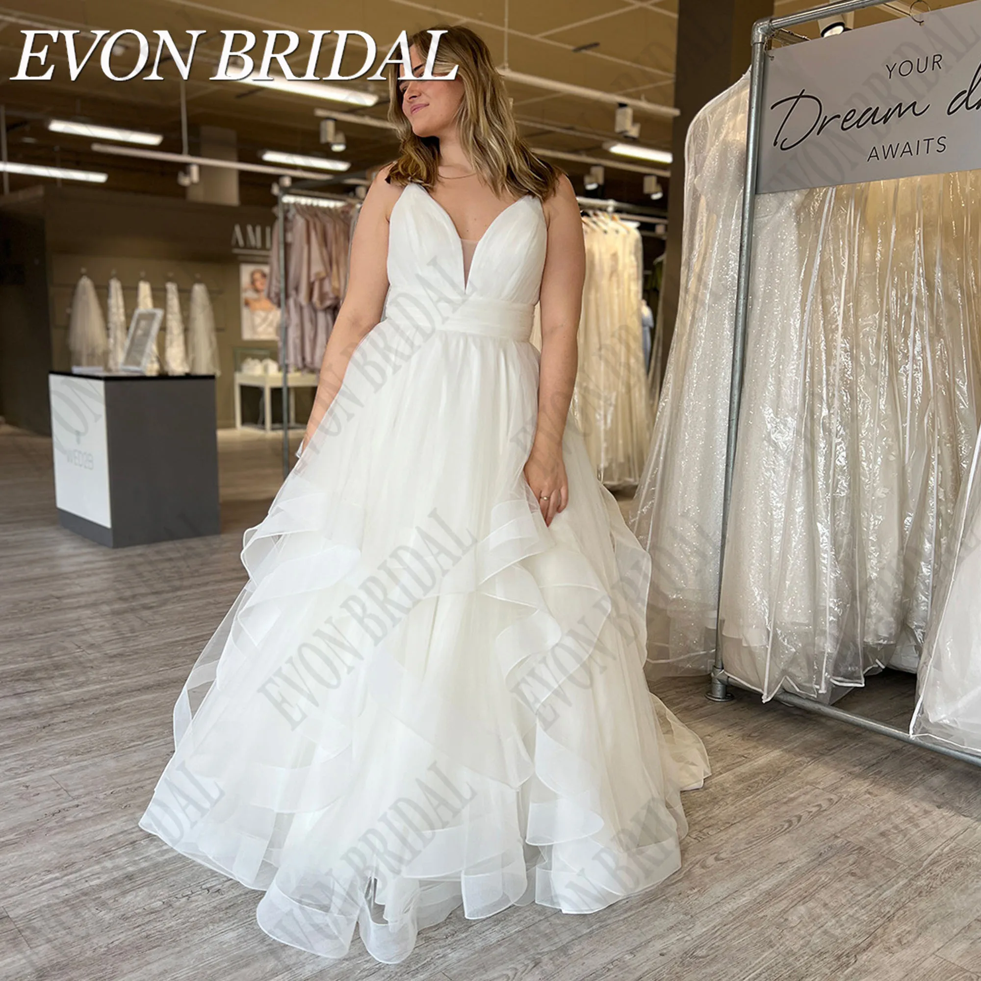 

EVON BRIDAL Spaghetti Straps Wedding Dress For Big Woman Double V-Neck Tiered A-Line Tulle Classic Bride Party Gowns Sleeveless