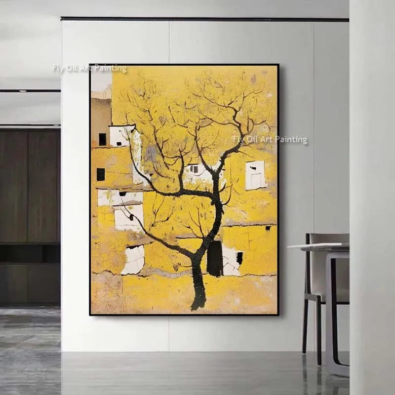 Yellow Tree Scape Wall Art Decor Handmade House Landscape Oil Painting Modern Abstract Tree View Canvas Painting Home Decorative