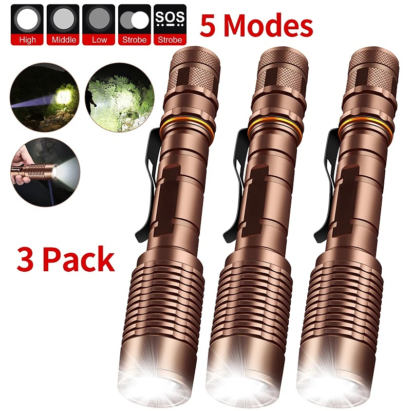 3pcs High Lumens Led Flaslight Zoomable 5 Light Modes Flash Light for Hiking Camping Cycling Outdoors Fishing