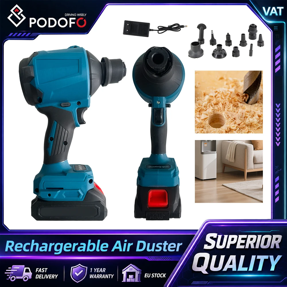 Podofo Souffleur sans fil rechargeable haute vitesse, le plus puissant, avec 4 modes de débit d'air, pour dépoussiérage et aspiration, dépoussiéreur électrique puissant, séchoir à cheveux, extracteur d'air pour le nettoyage d'atelier, le gonflage de jouets de piscine