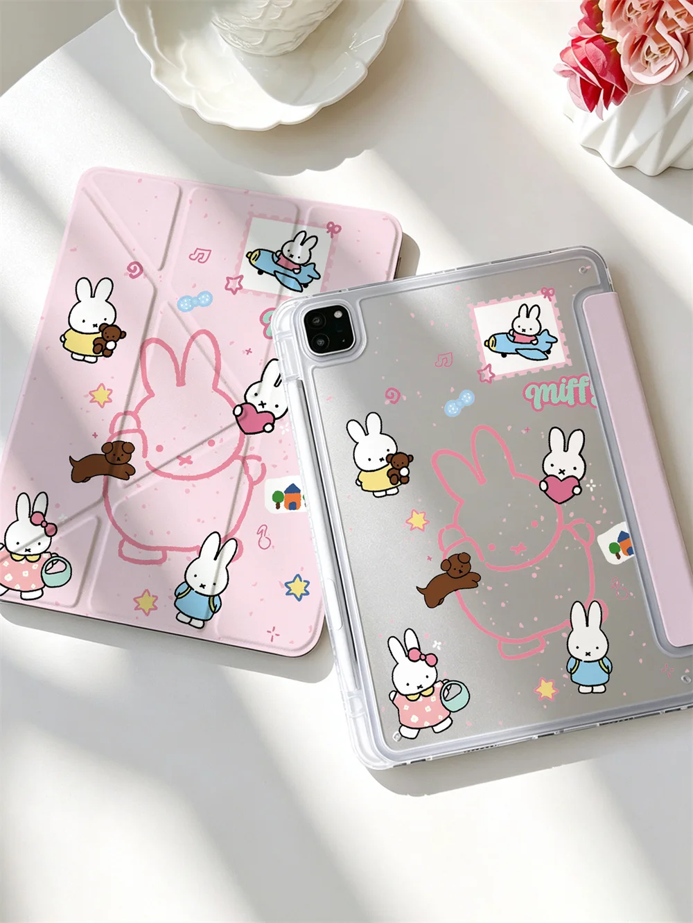 Kawaii Miffy Grid Star Print Crystal Clear Y-fold Double-sided Print Case For iPad Pro 11 Air4 Air5 10 Gen With Pencil Slot Shoc