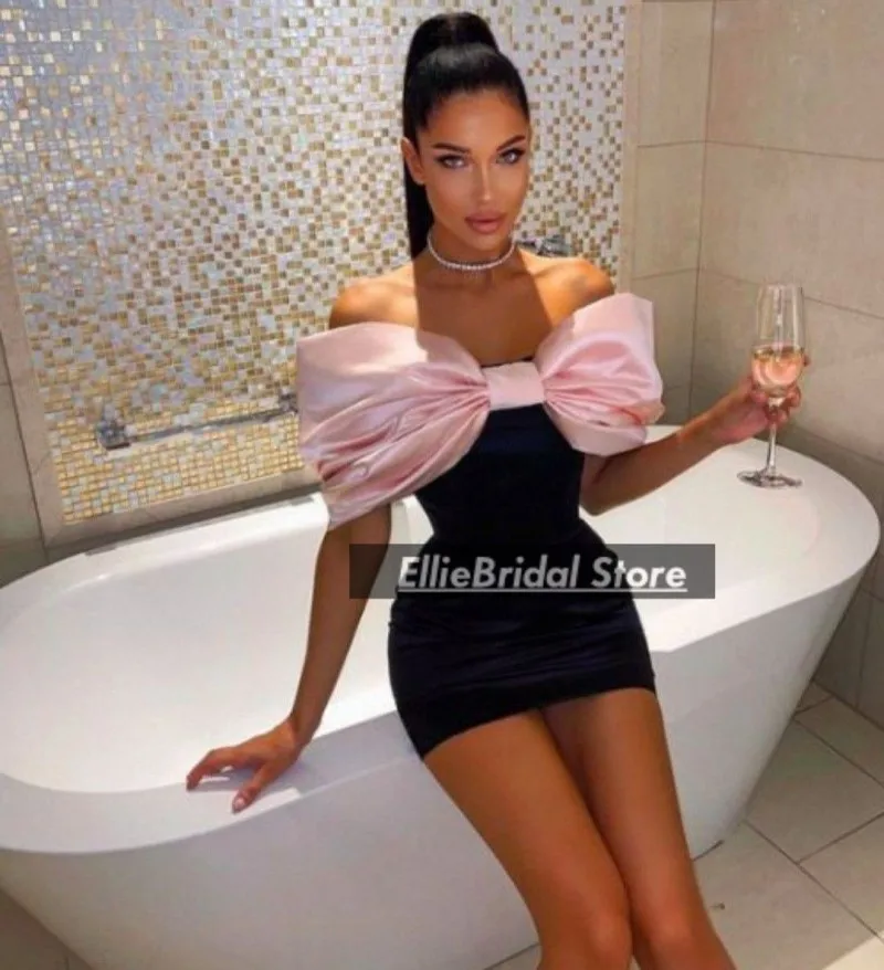 

Birthday Dress For Women Bow Off The Shoulder Black Party Dresses Elegant Short Prom Gowns vestidos de festa Customized