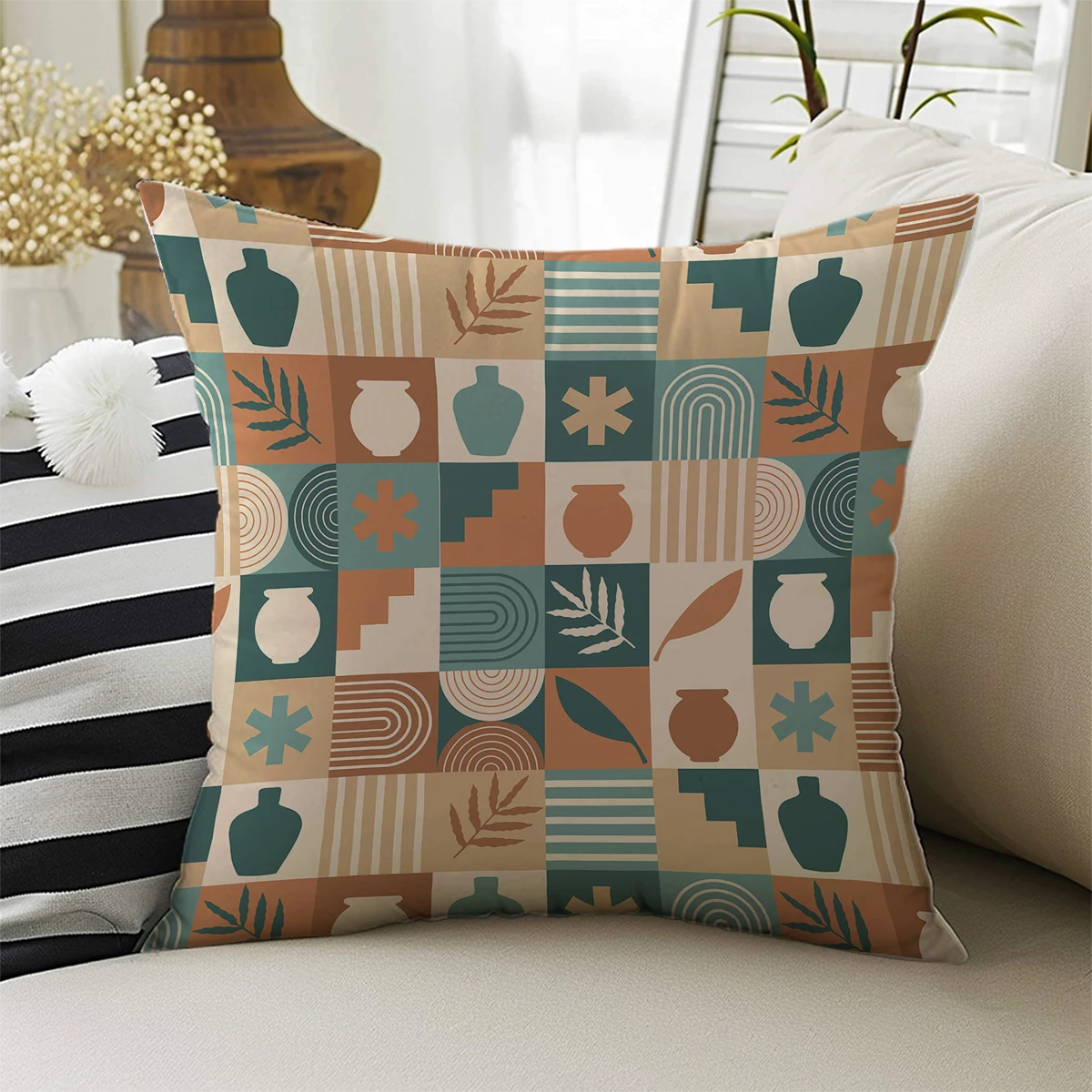 Brown Green Minimal Boho Double Side Print Pattern Cushion Cover Home Decoration Living Room Sofa Chair Pillow Cover