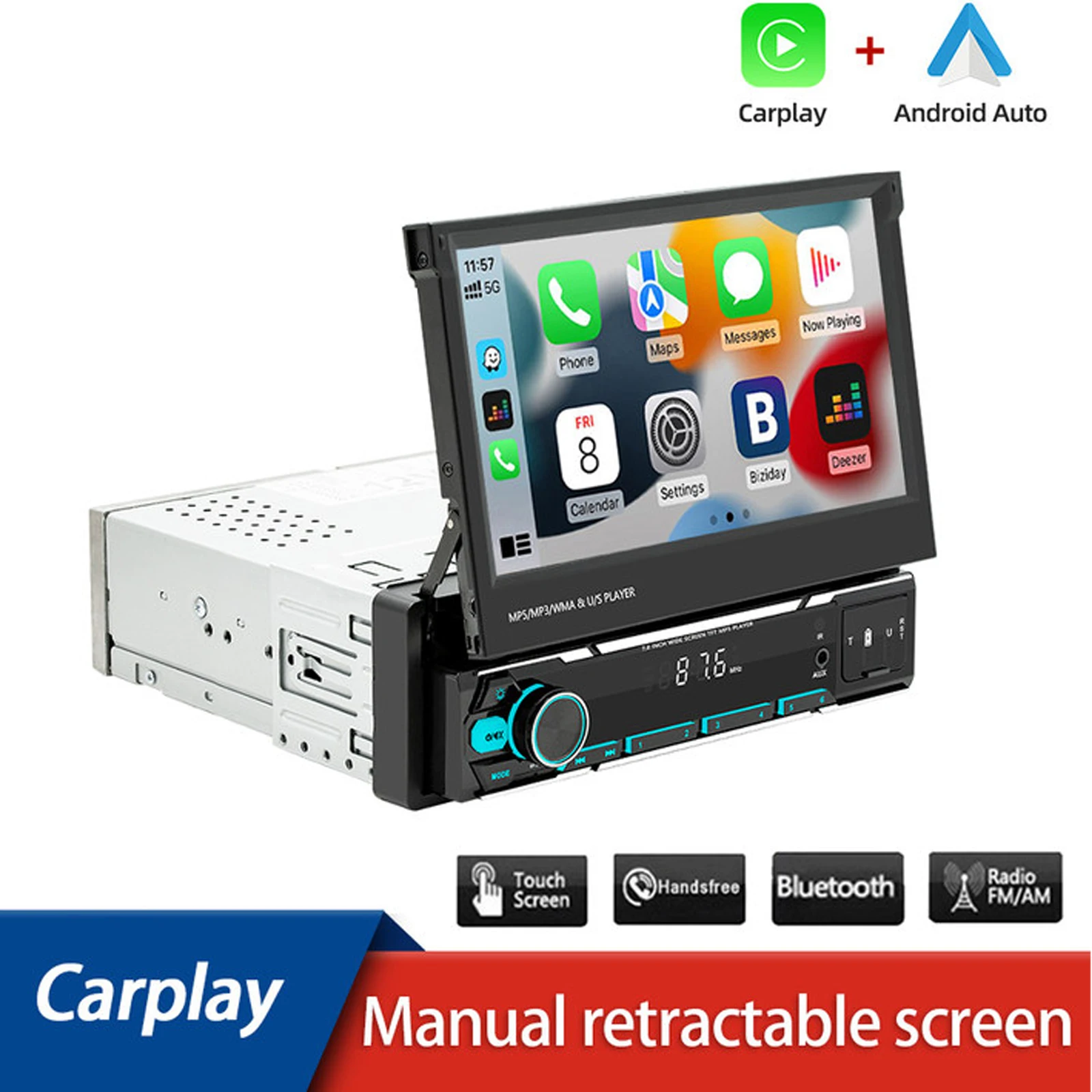 1 Din 7inch Car Radio MP5 Player Wireless Carplay Wired Android Auto IPS Retractable Touch Screen FM Multimedia Player Autoradio