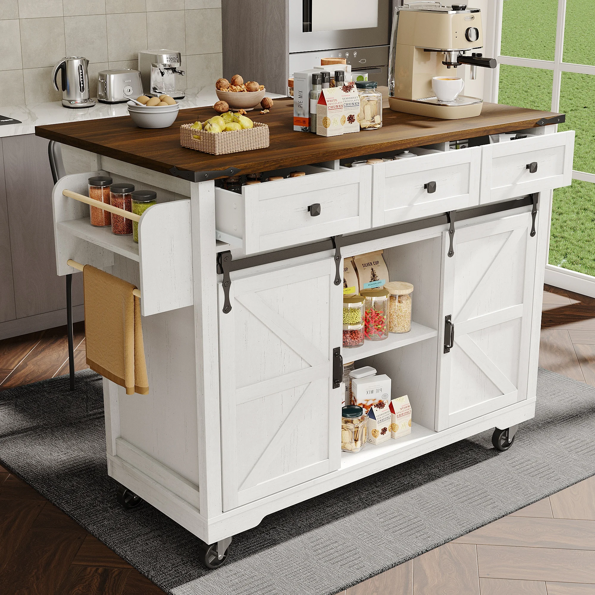 Kitchen Island Chariot de cuisine blanc avec tiroirs et portes coulissantes, beaucoup d'espace de rangement et de rouleaux pour une utilisation flexible