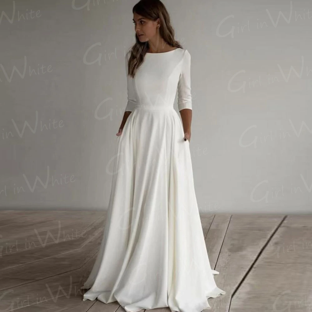 Abito da sposa a trapezio in raso semplice mezza manica O collo abito da sposa da sposa abito da sposa modesto Vestido De Novia Robe De Mariée