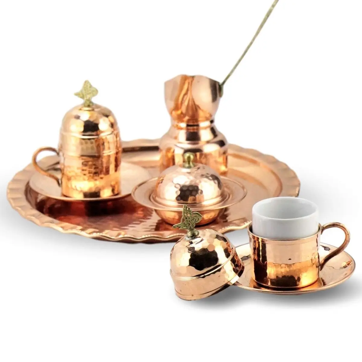 Forged Copper Coffee Set with 2 Cups and Coffee Pot, Nickel and Copper Color Handmade Ottoman Authentic Turkish Coffee Cup Set