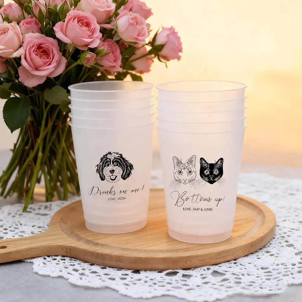 2026 New Dog Cat Photo Frosted Plastic Cups, Custom Pet Portrait Reusable Drink Tumblers for Birthday Bridal Shower Party.