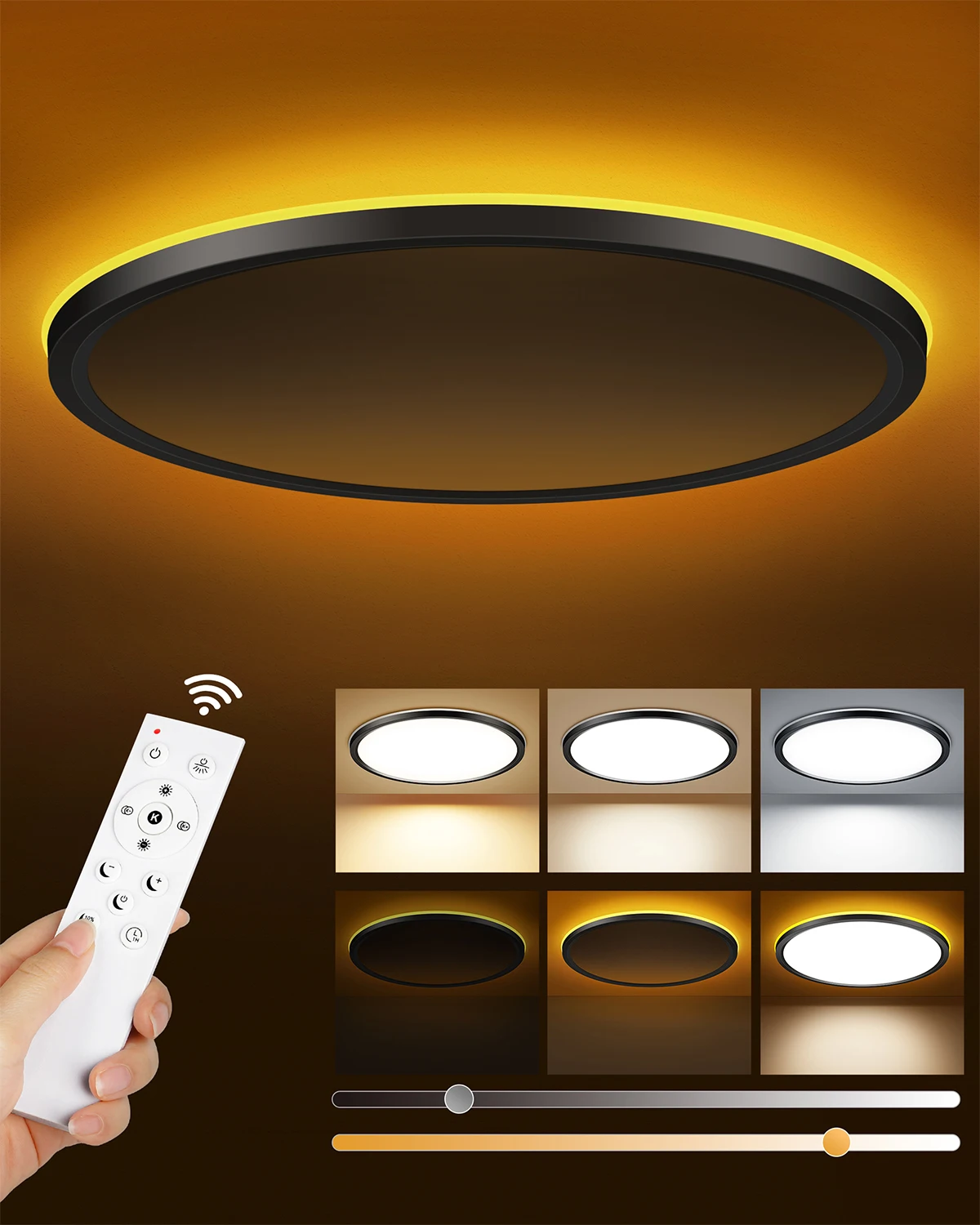 17 mm ultradunne LED-plafondlamp met afstandsbediening, instelbare kleurtemperatuur van 3000K tot 6500K, 1800K amberkleurige nachtverlichting, 2-in-1 achtergrondverlichting, plafondlamp voor