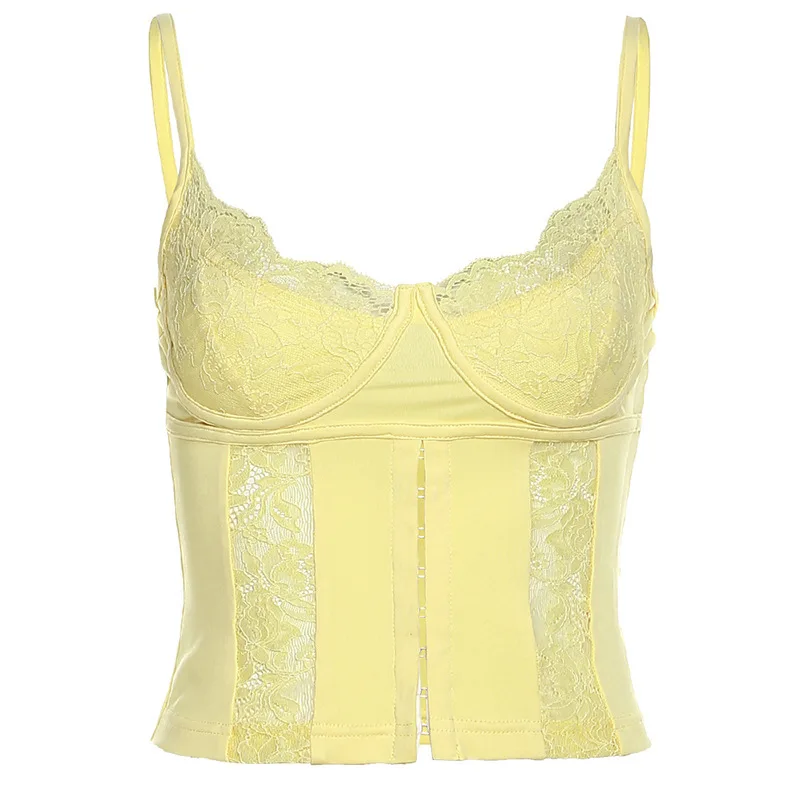 Camisole Sexy en dentelle Patchwork pour femmes, col carré, coupe cintrée, haut court Y2K Fairycore, débardeur sans manches, tenue de soirée en Club d'été