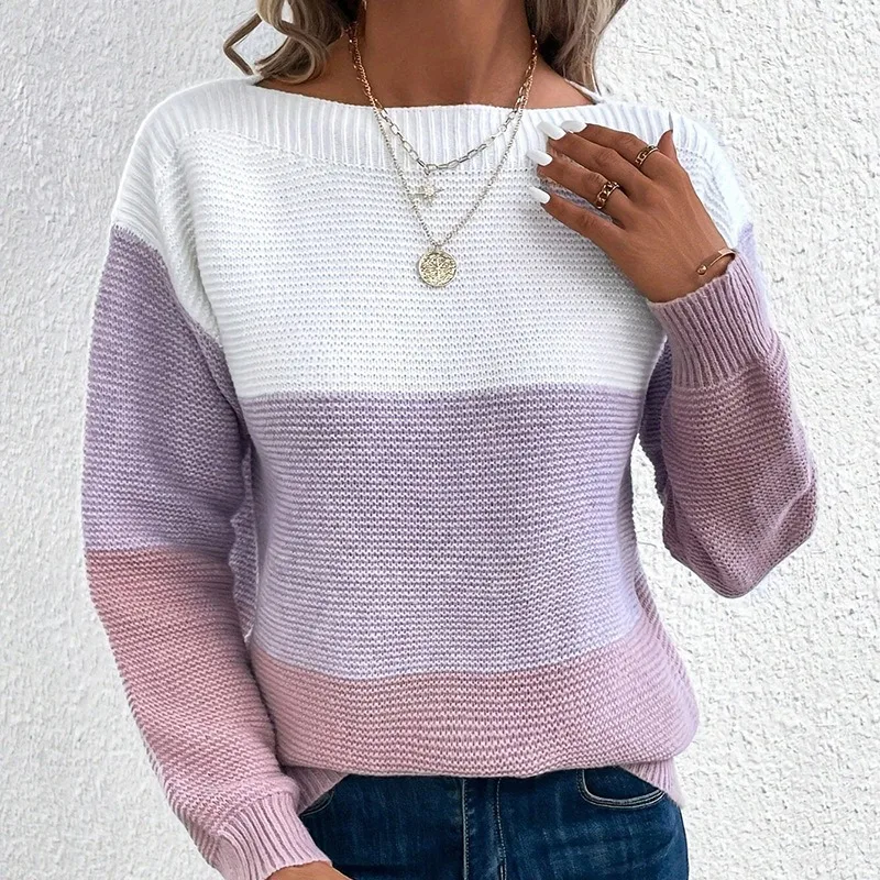 Autumn Knitted Three-color Patchwork Women Pullovers Loose O-neck Long Sleeved Elegant Female Jumpers Thick Warm Ladies Sweaters