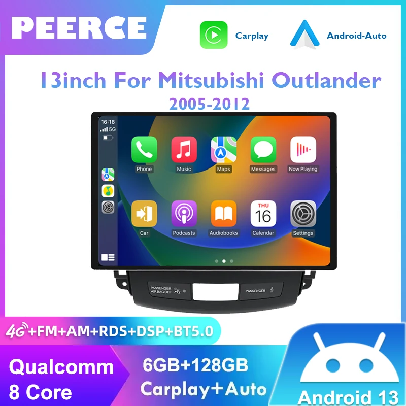 

PEERCE13inch 2 Din Android Auto Radio For Mitsubishi Outlander xl 2 2005-2011 Citroen C-Crosser Carplay Car Multimedia Autoradio