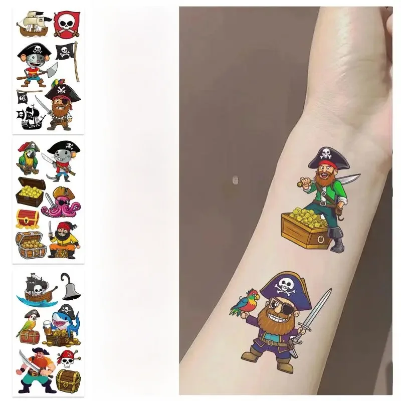 10 pièces/ensemble dessin animé Pirate trésor or tatouages temporaires autocollant squelette Pirate tatouages pour fournitures de fête d'anniversaire