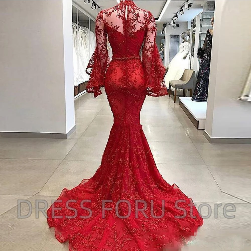 High Collar Illusion Tulle Evening Dress Long Flare Sleeve Lace Applique Mermaid Floor Length with Belt Sweep Train Gowns