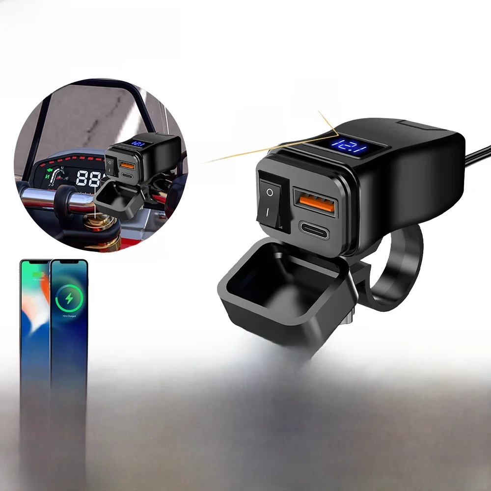 PD QC3.0 motorfiets USB snelle mobiele oplader Waterdichte Type C-poort Socket Connector met mobiele mobiele voltmeter Digitale lading - afbeelding 2