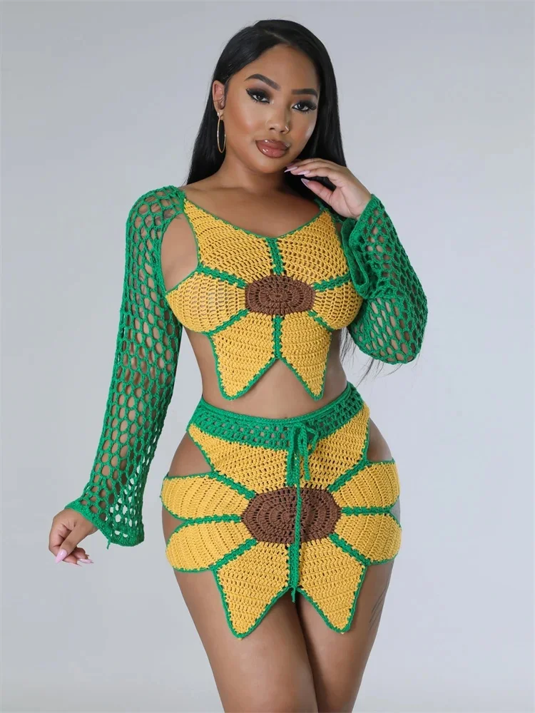 JRRY Sexy kobiety dzianiny zestaw V Neck powrót struny Top spódnica szydełka dwa kawałki zestaw długie rękawy szydełkowane plaża sukienka Cover Up — zdjęcie 2