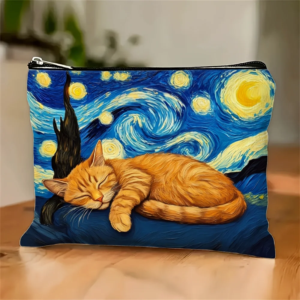 1Pc Cute Cat Starry Night Retro Design Makeup Bag, Fashionable Toiletry Bag, Snack Storage Bag, Stationery Storage Bag, Canvas Double-Sided Printed Travel Bag