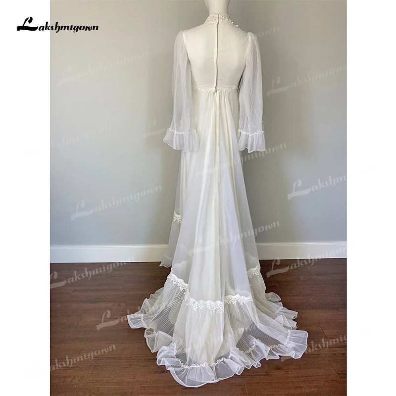 Boho gola alta completa manga alargamento do laço apliques a linha vestidos de casamento rede vestidos de noiva varrer zíper piso robe de mariée