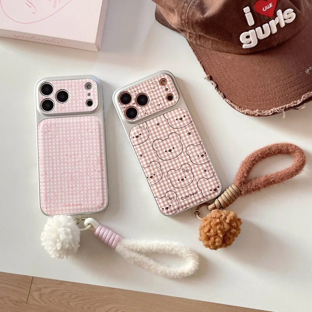 

Korean INS cute cartoon plaid lines bear rabbit phone case for iPhone 17 16 ProMax14 15Pro fundas new shockproof protective case