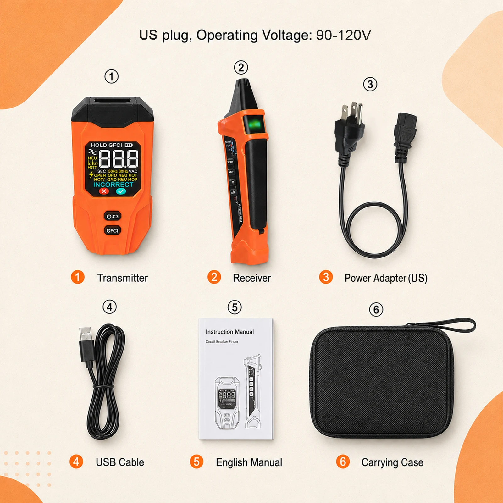 Digital Circuit Breaker Finder, Rechargeable Socket Tester VA Color LCD, GFCI Trip Timer & NCV, Electrician Tracker - 110V