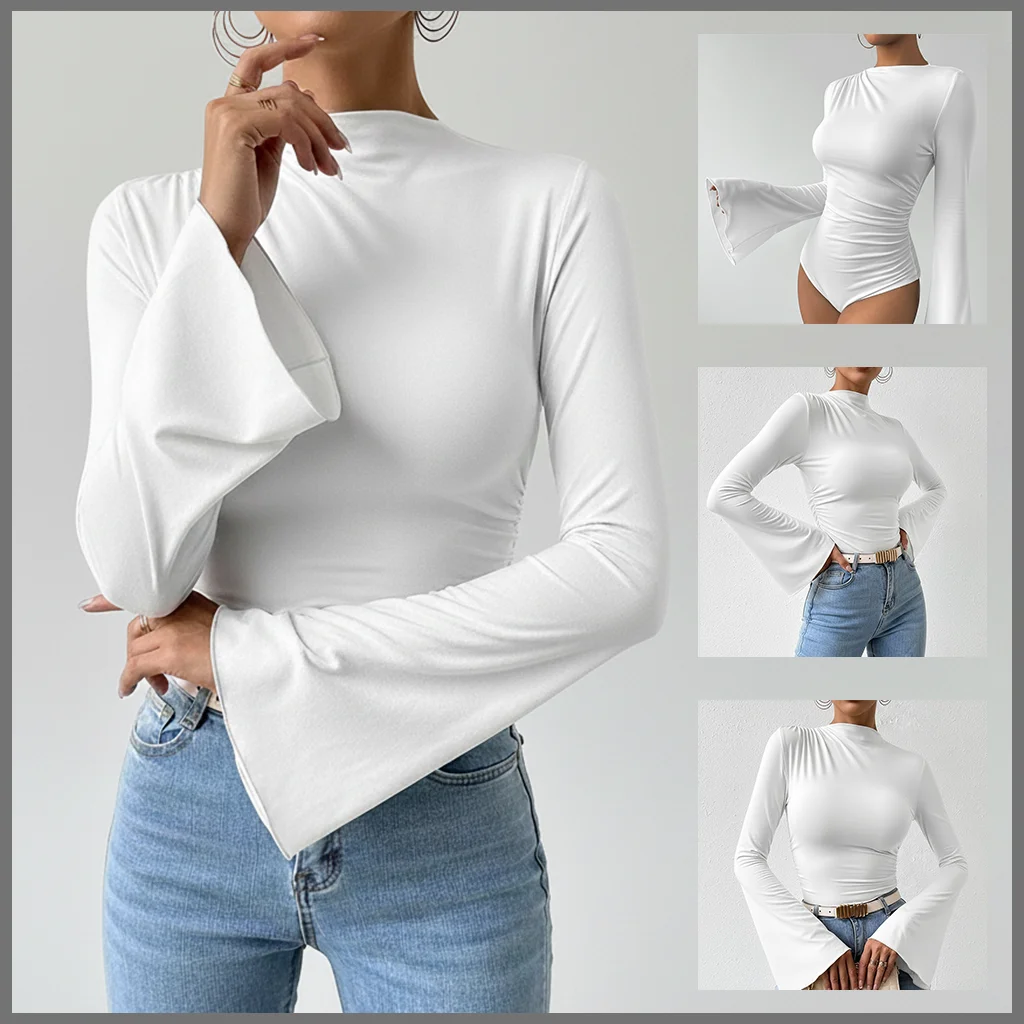 

Новое поступление 2025, модное женское боди с высоким воротником и расклешенными рукавами, сексуальный плиссированный облегающий базовый слой, белая футболка