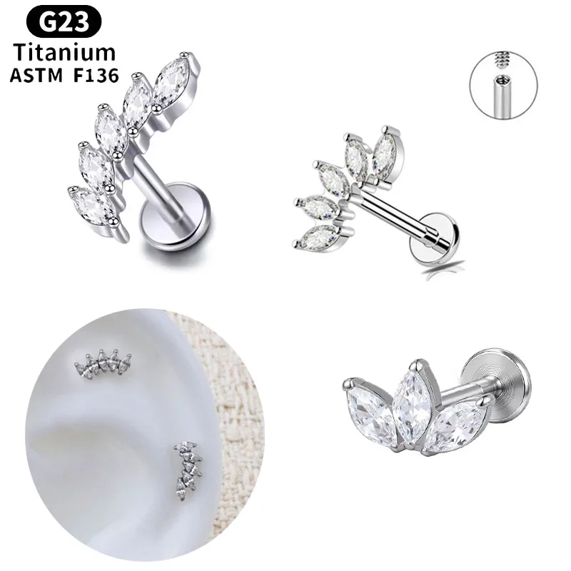 Noryan Astm F136 Titanium 5A Marquise Cz Crown Cartilage Earring 16G Cluster Cz Flat Back Helix Stud G23 Nose Piercing Jewelry-image
