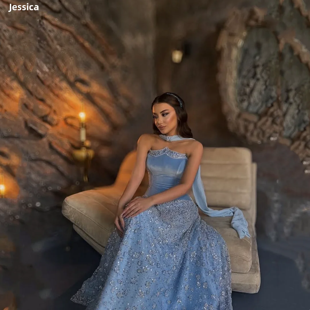 

Jessica Velvet Sky Blue Evening Dresses Glitter Embroidery Sequins Luxury Prom Dresses Elegant Lady Vestidos De FiestaCustomized