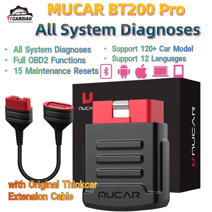 MUCAR BT200 PRO Scanner with Thinkcar Extension Cable Full OBD-2 All Systems 15 Resets Diagnosis for iOS & Android Bluetooth