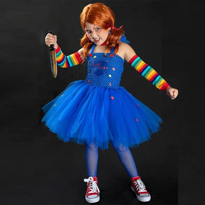 Crianças semente de chucky traje para meninas chucky tutu vestido assassino assustador bons caras chucky boneca traje de halloween para criança