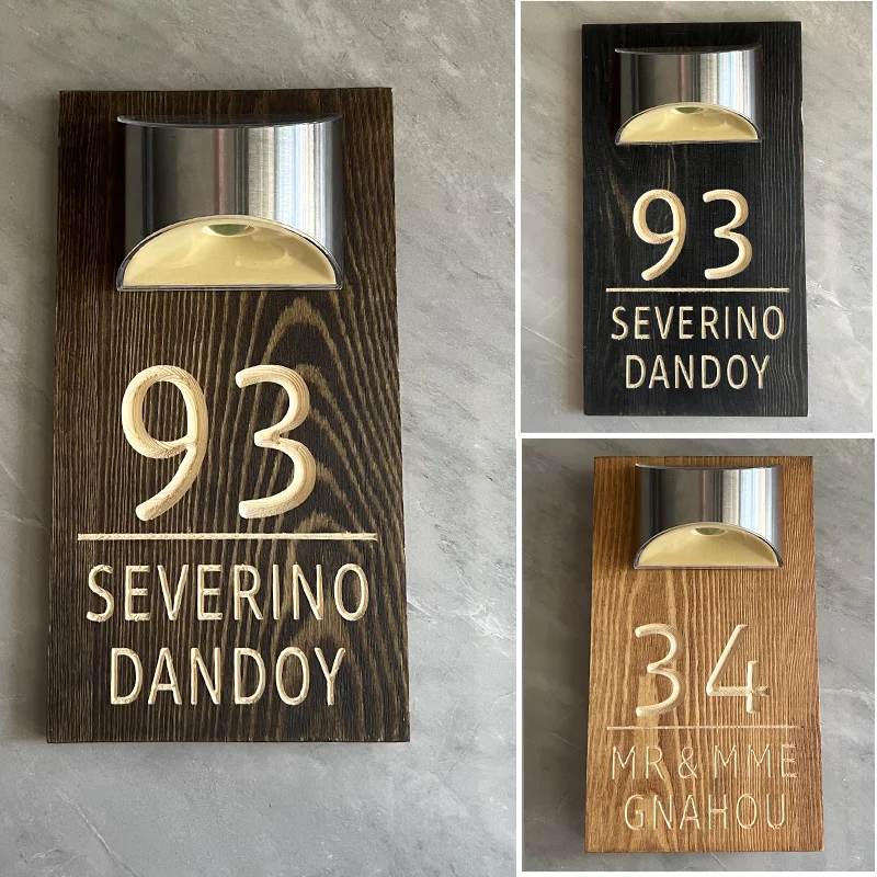 

Wooden Solar House Number Plate – Engraved Outdoor Entrance Sign for Home, Exterior House Numbers with Solar Lights Custom Sign