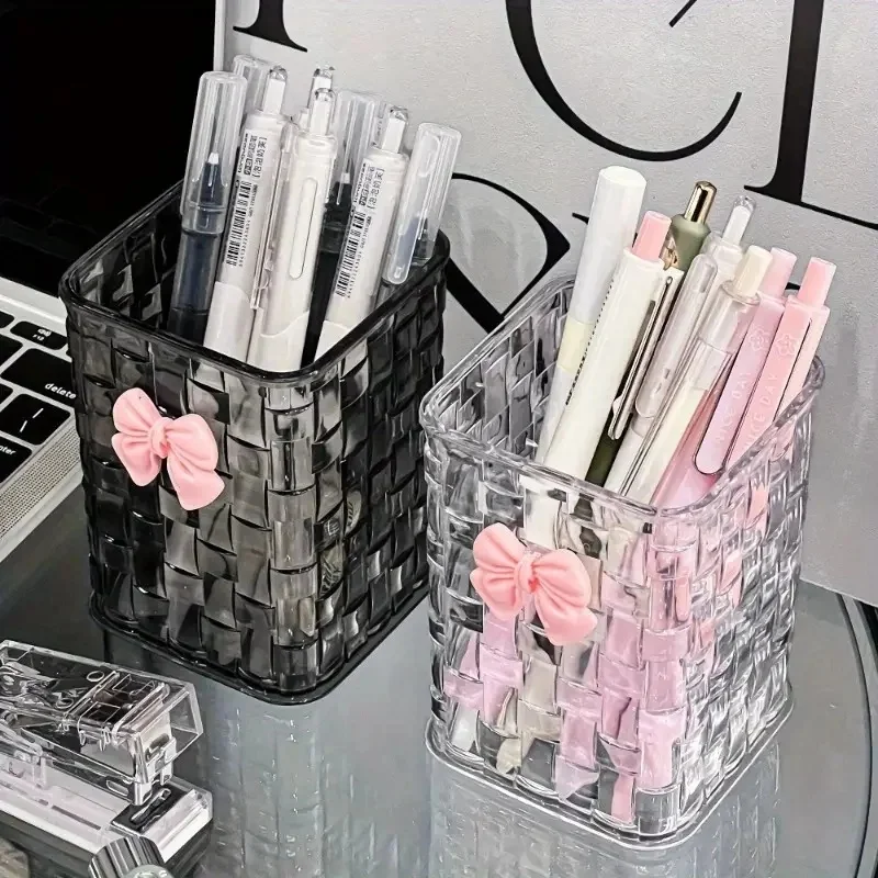 Organisateur de bureau en acrylique transparent Durable, avec accent d'arc, porte-stylo PMMA et panier de rangement pour fournitures de bureau, stylos et accessoires