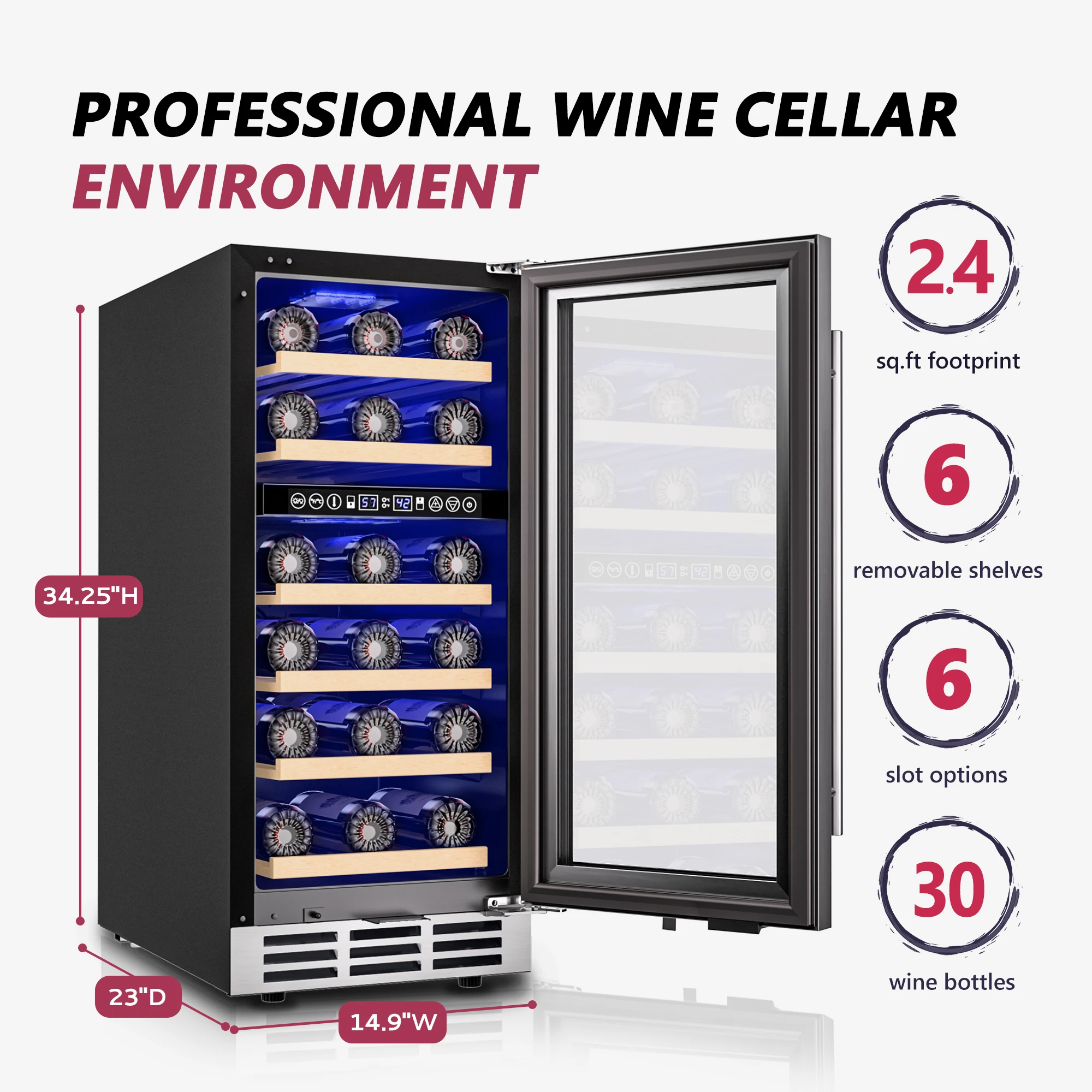 ICYGLEE 15 Inch Wine Cooler Dual Zone Wine Fridge with Digital Temperature Control with Double Layer Glass Door 33 Bottles