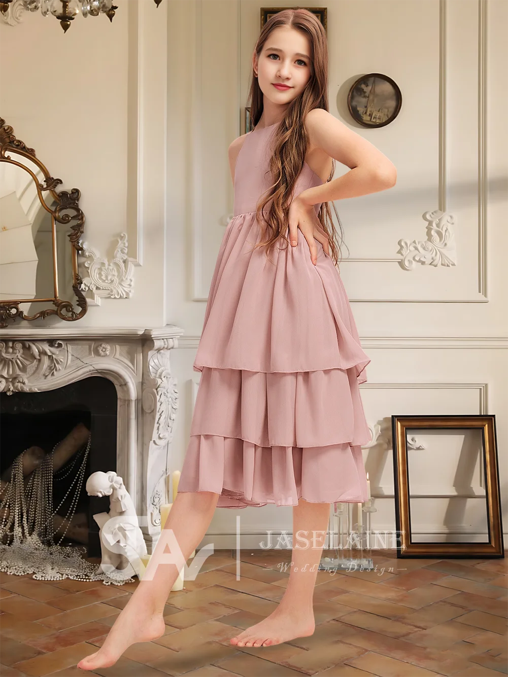 Abito da damigella d'onore junior in chiffon a trapezio con scollo al ginocchio e volant a cascata, abito da ragazza di fiori color lavanda, festa per ragazze, matrimonio formale