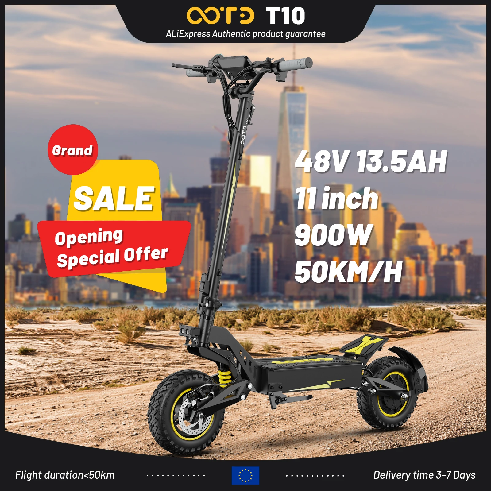 Scooter eléctrico OOTD T10 de 900W de potencia máxima, batería de 48V 13.5AH, pantalla LED, para adultos.