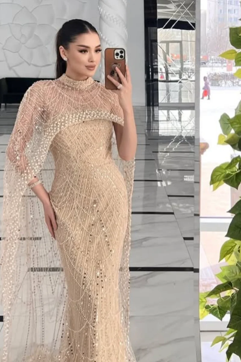 Jessica Champagne Turtleneck Evening Dresses Luxurious Tulle Beaded Shawl Prom Dresses Elegant Wedding Party Dresses Customized