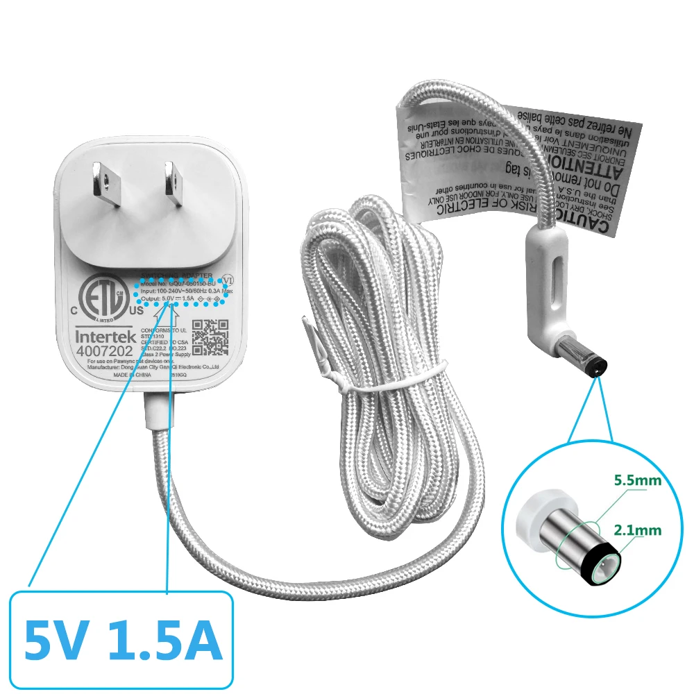 Replacement Power Adapter for Pawsync Smart Pet Feeder PPF-R361S 5V 1.5A AC to DC Charger Power Supply Adapter 5.5X2.1mm DC Plug