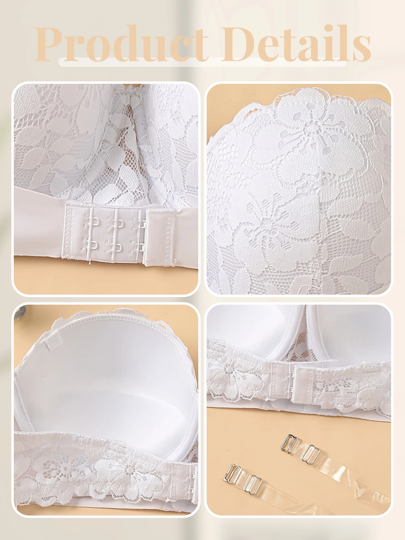 Dámská sexy krajková podprsenka bez ramínek, bandeau, s přední přezkou, s kosticemi, push-up podprsenkou, oporou prsou, neodnímatelnou vyztuženou podprsenkou - náhled 6