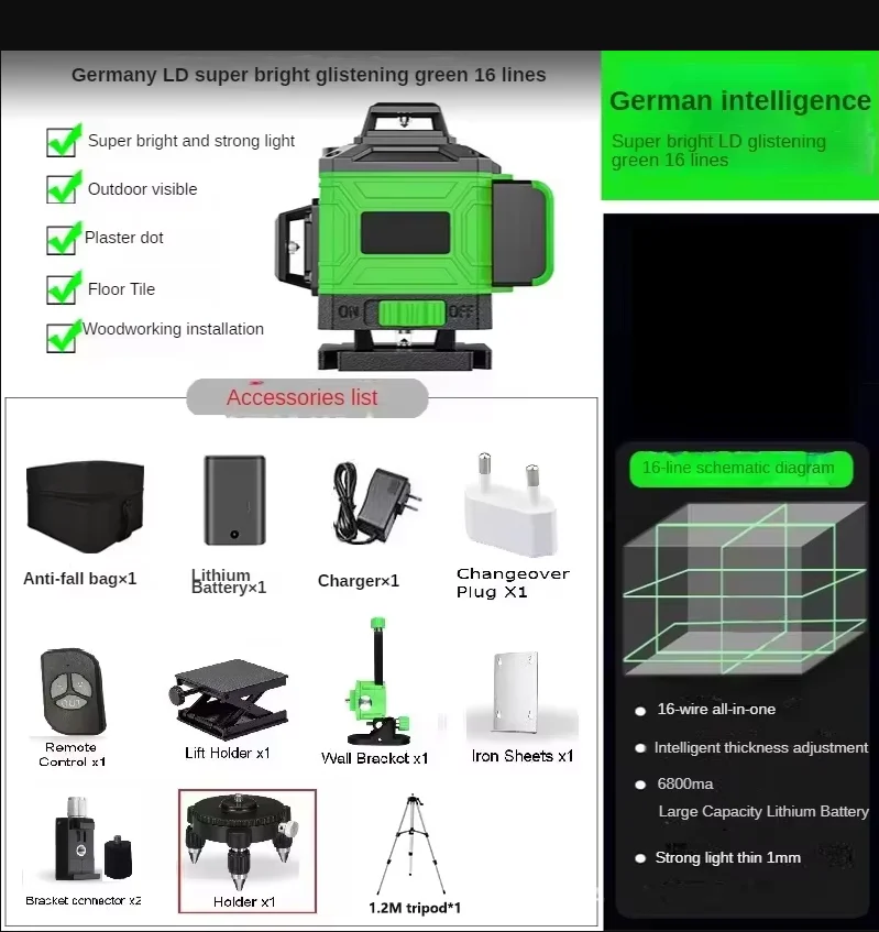 16-Linien-Lasernivelliergerät 3 ° Automatisches Nivellier-Laser-Nivelliergerät USB-Aufladbares Batterie-Nivellierinstrument Vertikales Horizontales Messwerkzeug