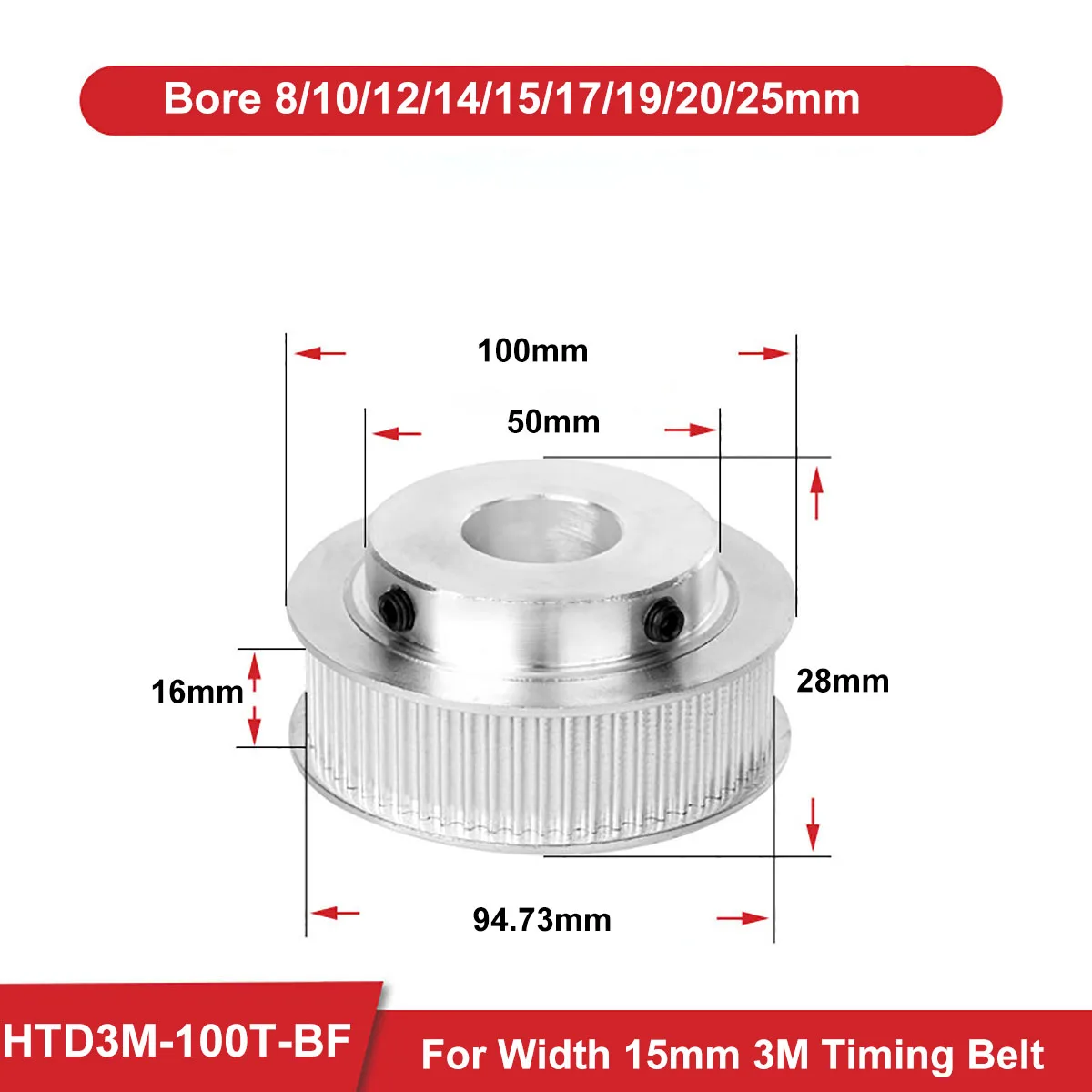 

100 Teeth HTD 3M Synchronous Pulley Bore 8/10/12/14/15/17/19/20/25mm BF keyway HTD3M Timing Pulley For Width 15mm 3M Timing Belt