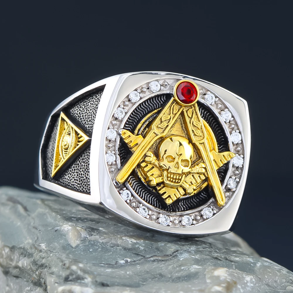 Masonic Skull And Bones Biker Freemason Sun Moon Illuminati Sterling Silver Ring
