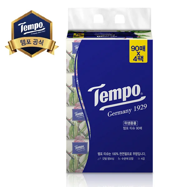 [Tempo Tissue] soft pack beauty tissue 4 layers 90 pieces 1 Pack (4 pieces) natural pulp for travel, camping, soft angular tissue