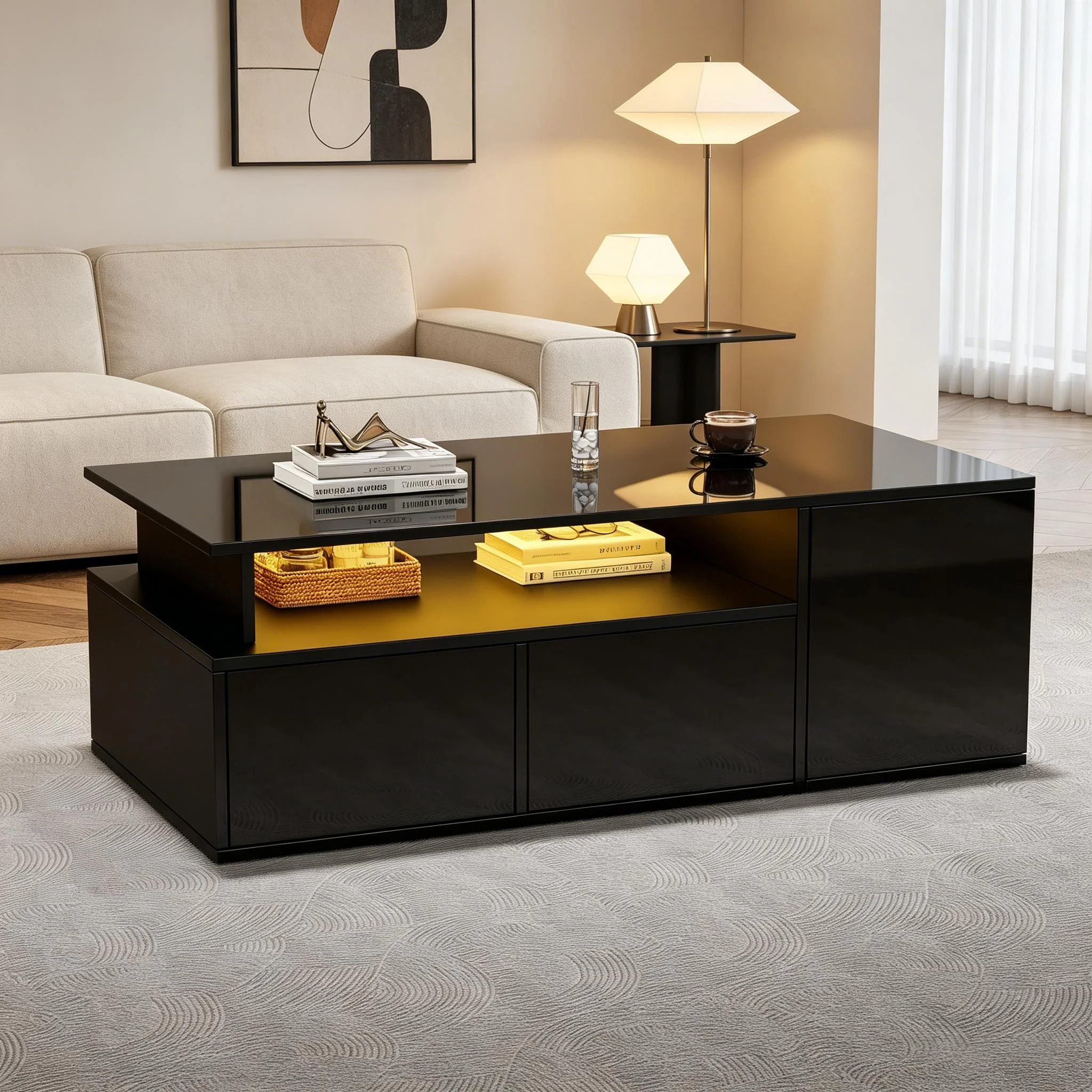 Schwarzer Hochglanz-LED-Couchtisch mit Schubladen & Großem Stauraum, Multifunktionaler Sofa-Beistelltisch für Wohnzimmer
